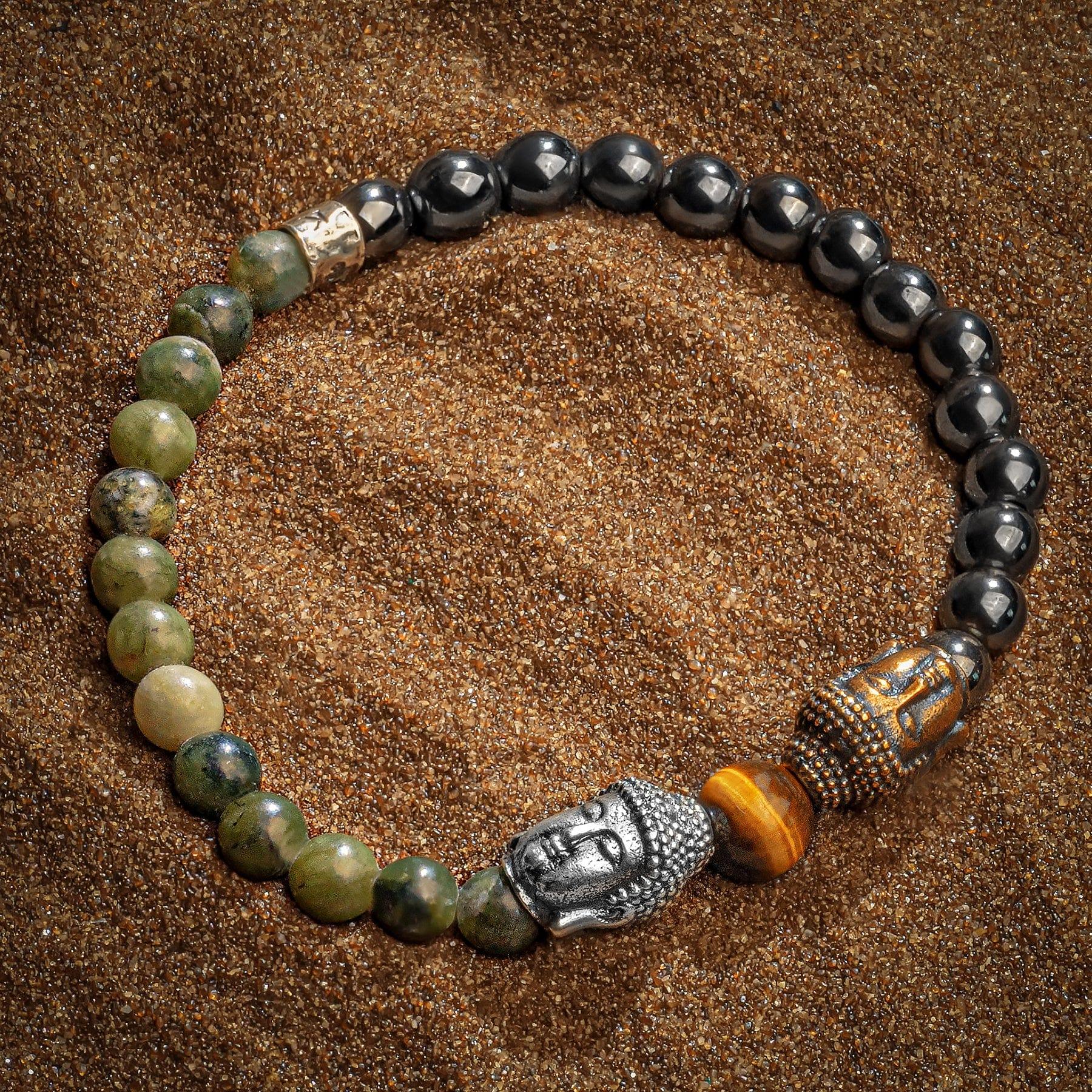 Karma and Luck  Bracelets - Mens  -  SS/BZ/OXI BUDDHA HEAD JADE 6MM AND 8MM RND BEAD CAB HEMATITE 6MM RND BEAD CAB