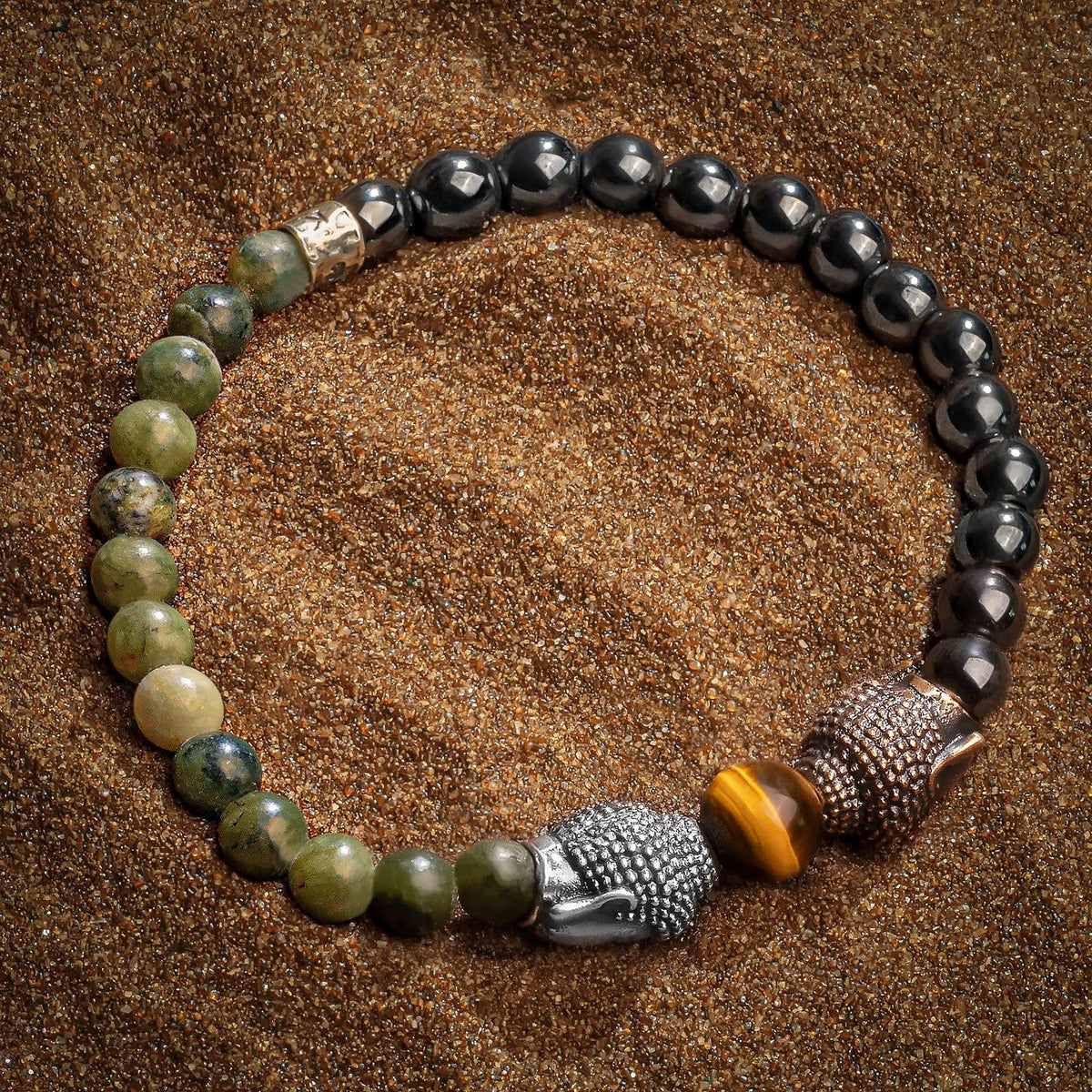 Karma and Luck  Bracelets - Mens  -  SS/BZ/OXI BUDDHA HEAD JADE 6MM AND 8MM RND BEAD CAB HEMATITE 6MM RND BEAD CAB