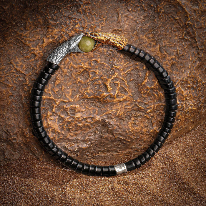 Karma and Luck  Bracelets - Mens  -  SS/BZ/OXI SNAKE HEAD ELASTIC BRACELET 6MM HEISHI ONYX AND OLIVE JADE 8MM RND BEAD CAB