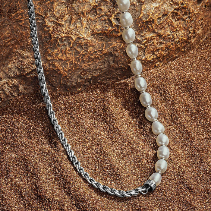 Karma and Luck  Necklaces - Mens  -  Endless Wisdom - White Pearl Mantra Necklace