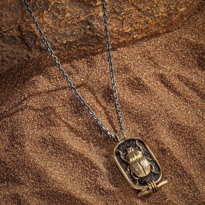Karma and Luck  Necklaces - Mens  -  BR/GP/OXI SCARAB SS/BLACK NECKLACE