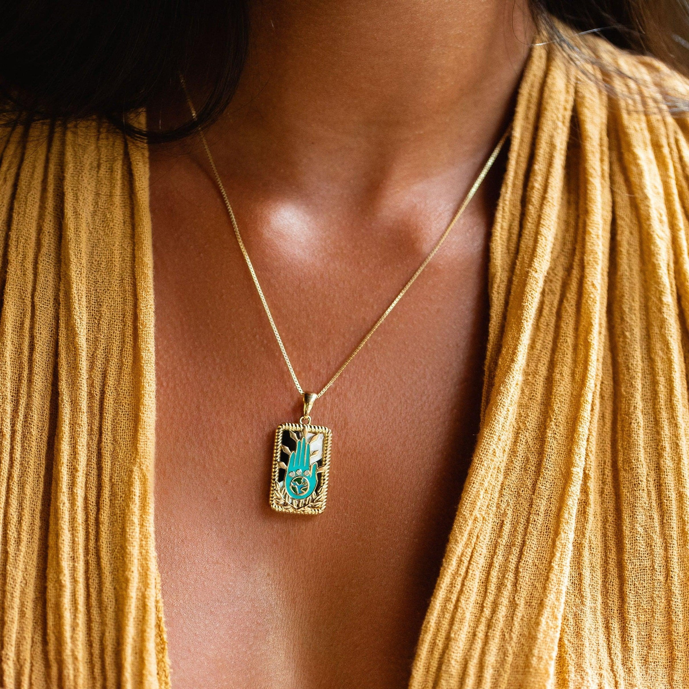 Karma and Luck  Necklaces - Womens  -  LIMITED EDITION - The World Tarot Card Hamsa Diamond Necklace