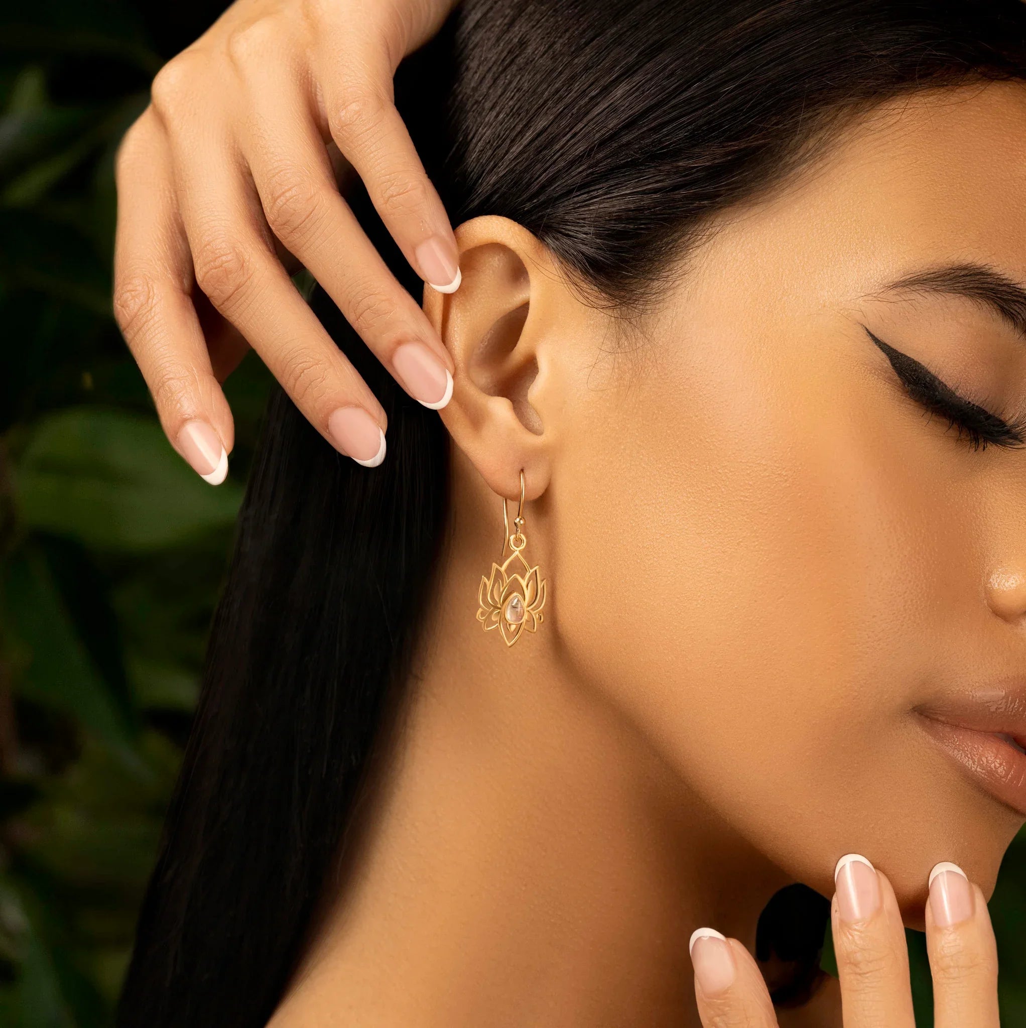 Divine Existence Gold Lotus Moonstone Earrings