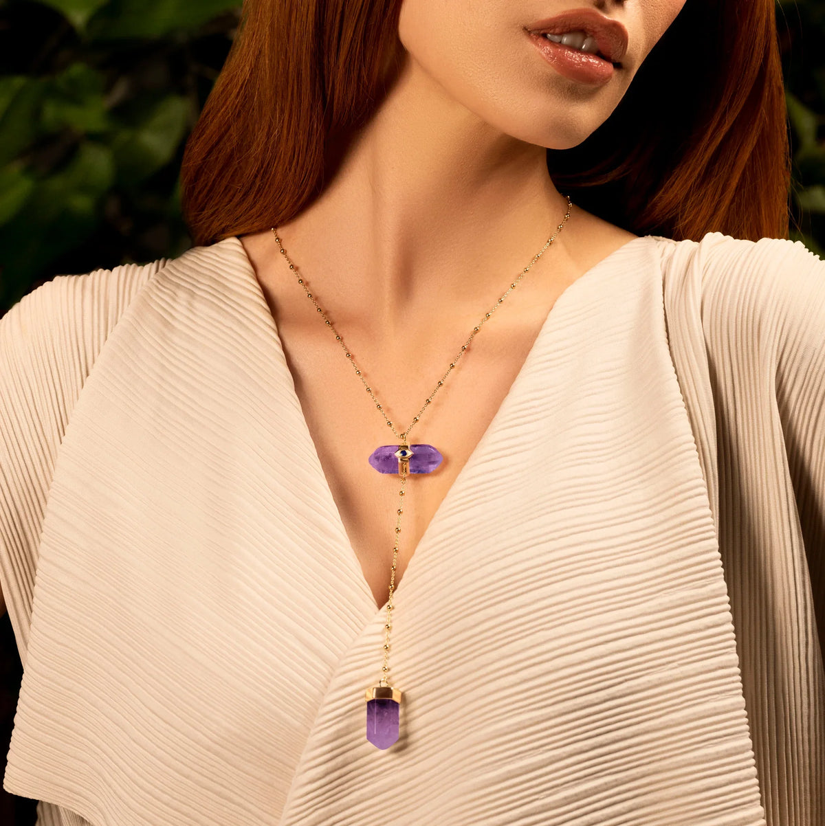 Soothing Remedy Gold Amethyst Evil Eye Double Pointer Necklace