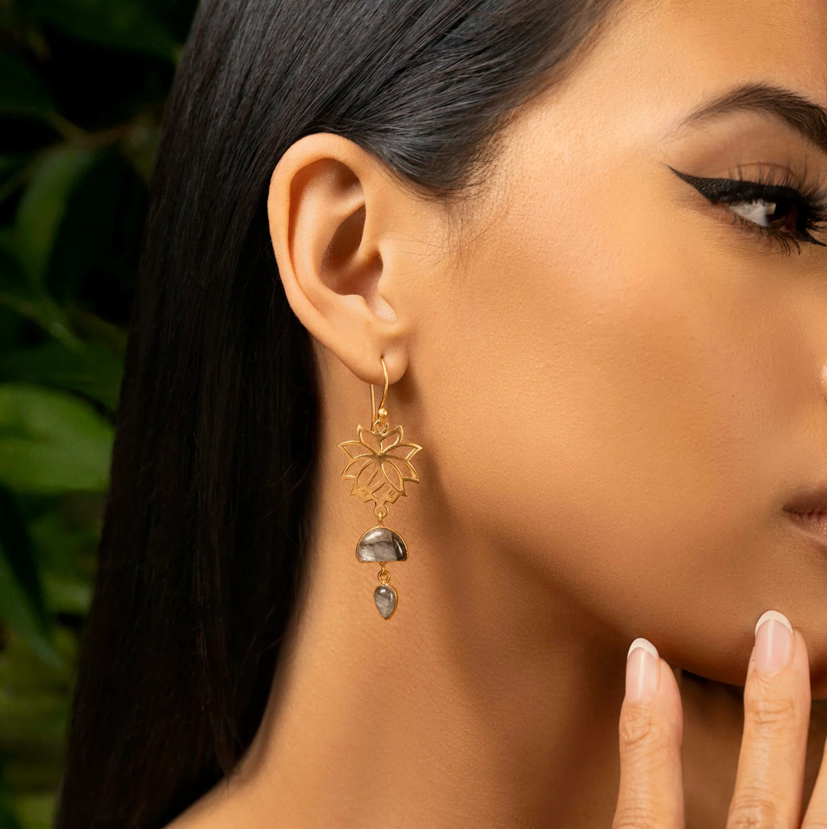 Subtle Movement Gold Lotus Labradorite Earrings